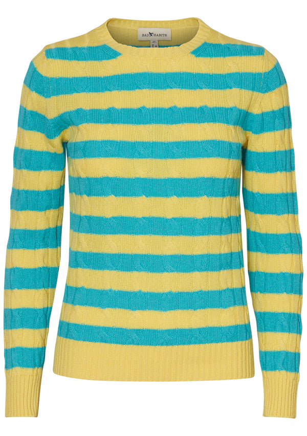 Stripey Yellow & Turquoise Cashmere Cable-knit Sweater