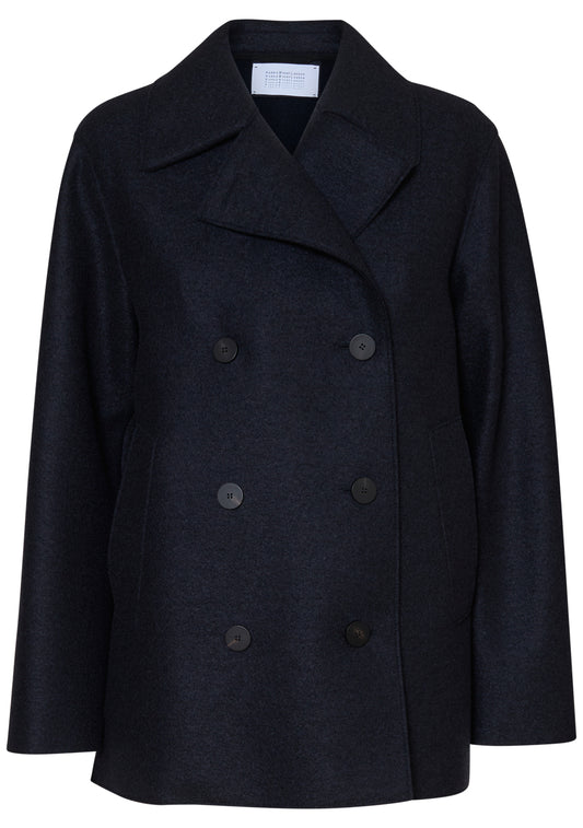 Long Peacoat Pressed Wool Polaire Navy Blue