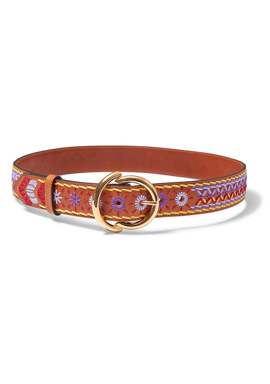 Multicolor Embroidered Belt Tan