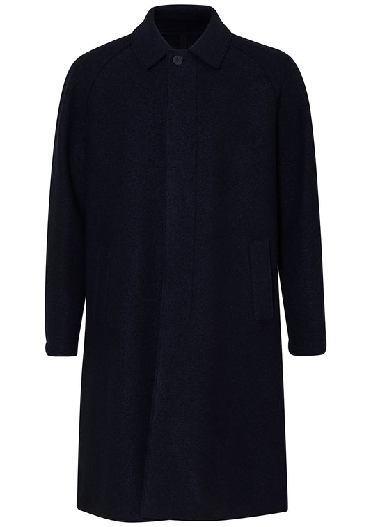 Fly Front Balmacaan Boiled Wool Navy Blue