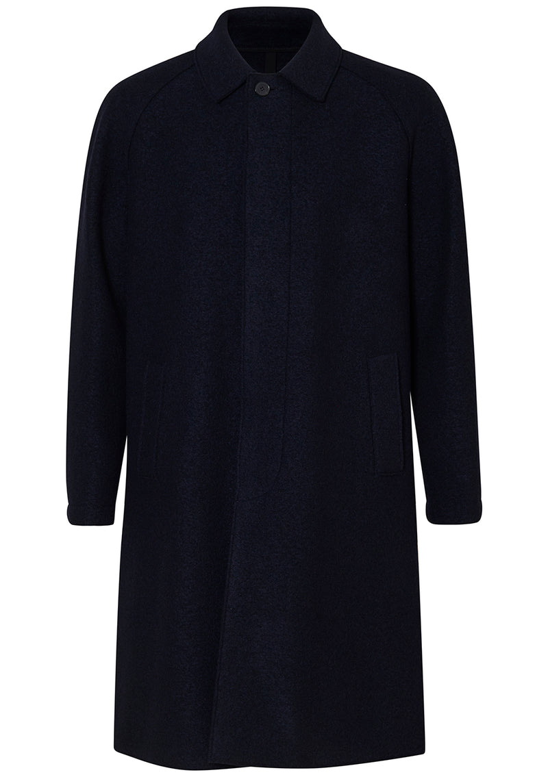 Fly Front Balmacaan Boiled Wool Navy Blue