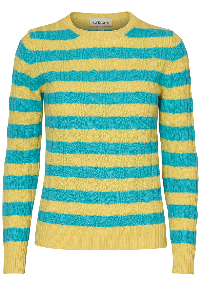 Stripey Yellow & Turquoise Cashmere Cable-knit Sweater