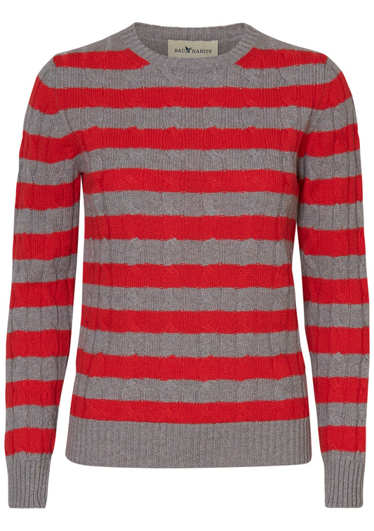 Stripey Beige & Red Cashmere Cable-knit Sweater