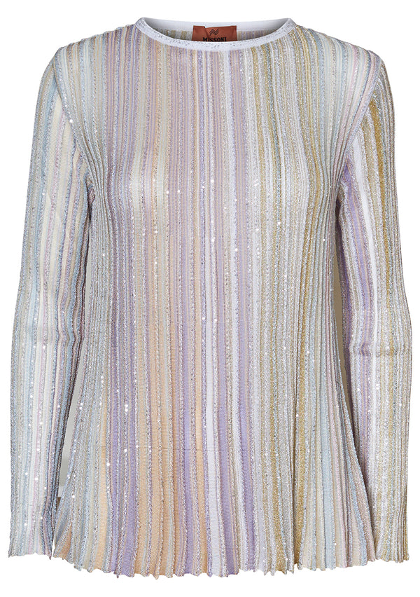 Pleated Crewneck Blouse With Sequins