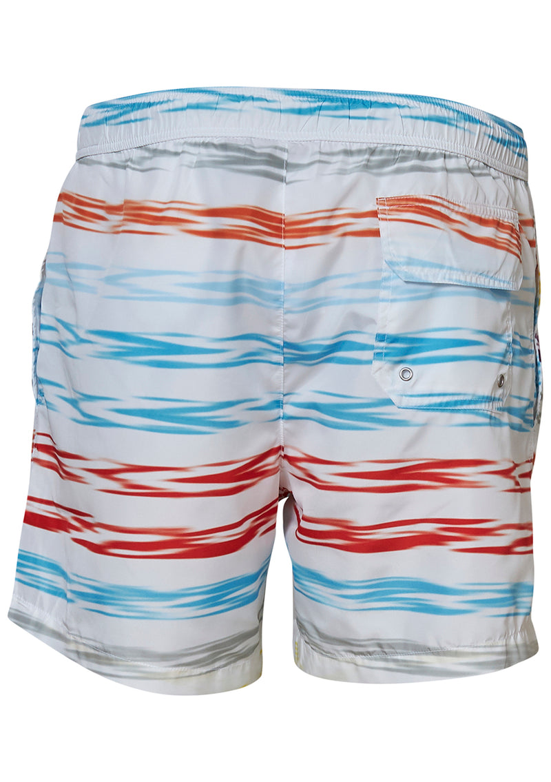 White and Multicoloured striped Medium Length Swim Shorts