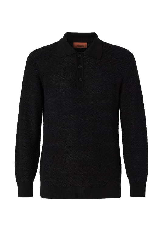 Long Sleeve Wool Polo Shirt Dark Grey