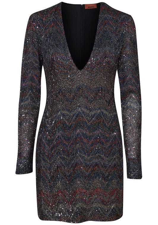 Sequin V-Neck Mini Dress Dark Tones