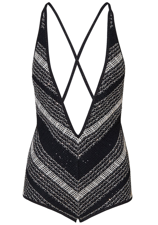 V-Neck Sequin Swimsuit Black & White