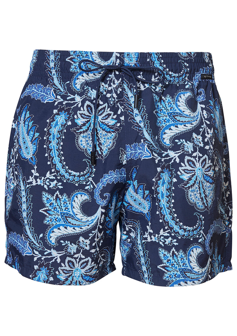 Navy Blue Paisley Print Swim Shorts